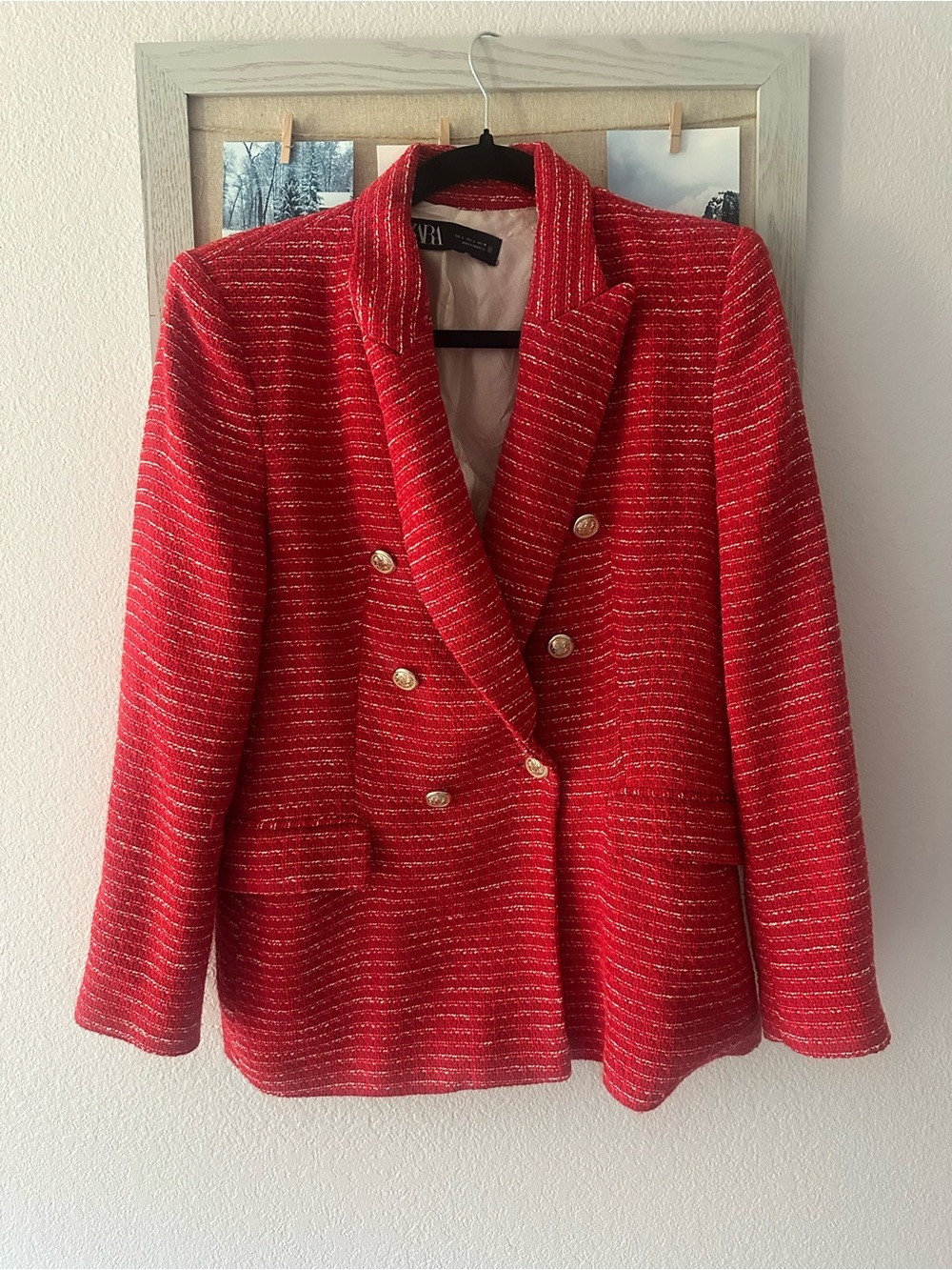 Zara Double-Breasted Red Tweed Blazer